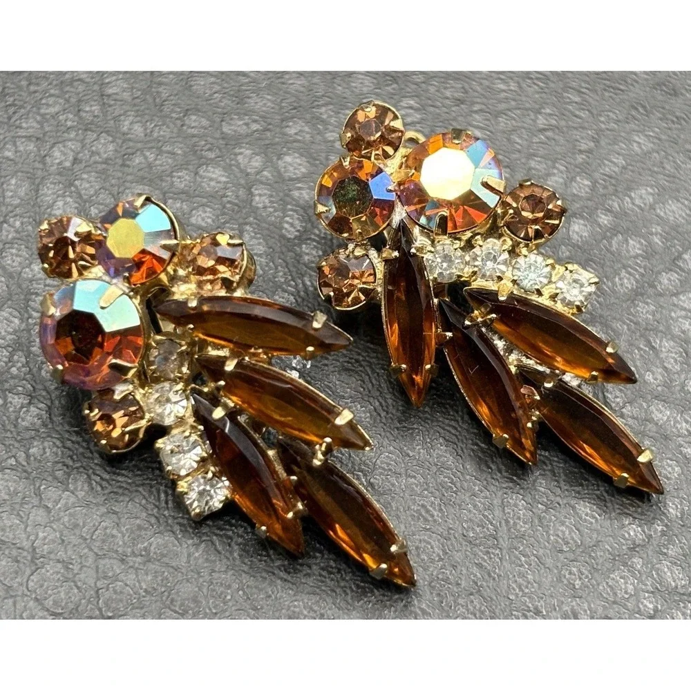 Vintage Aurora Borealis AB Rhinestone Navette Clip On Earrings Gold Tone